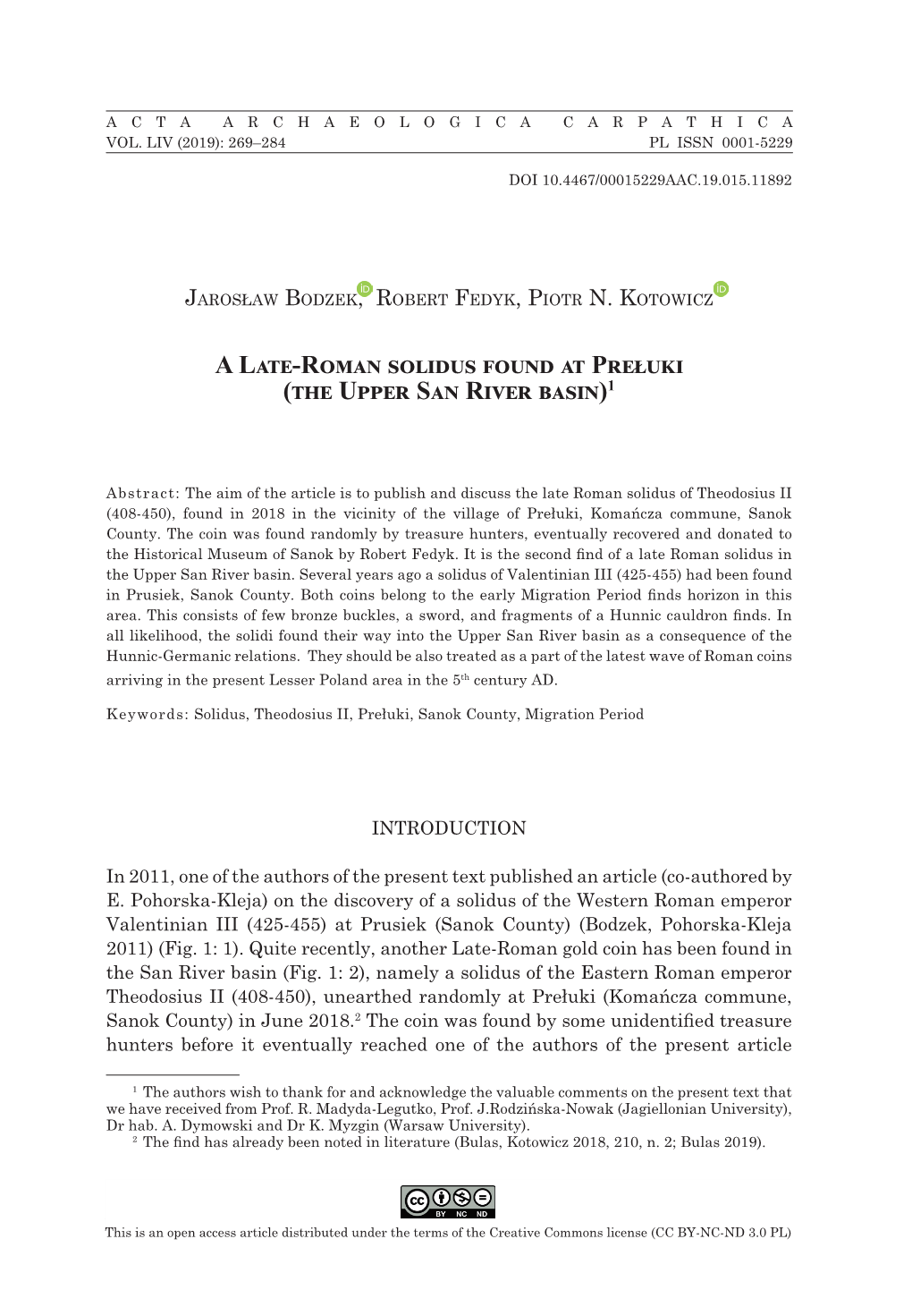 A Late-Roman Solidus Found at Prełuki (The Upper San River Basin)1