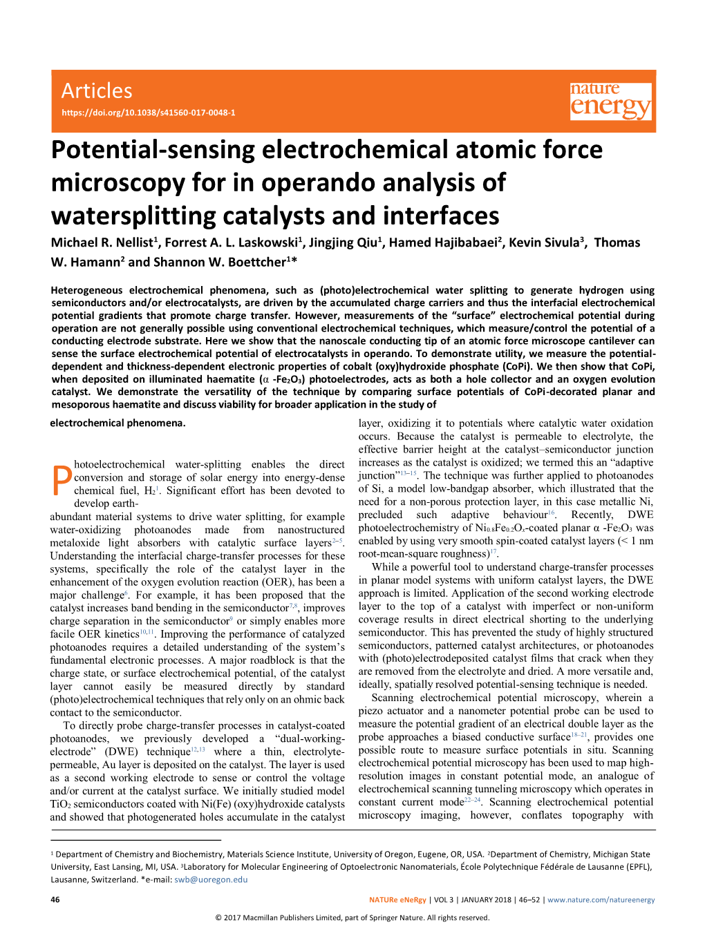 Potential-Sensing Electrochemical Atomic Force Microscopy for in Operando Analysis of Watersplitting Catalysts and Interfaces Michael R