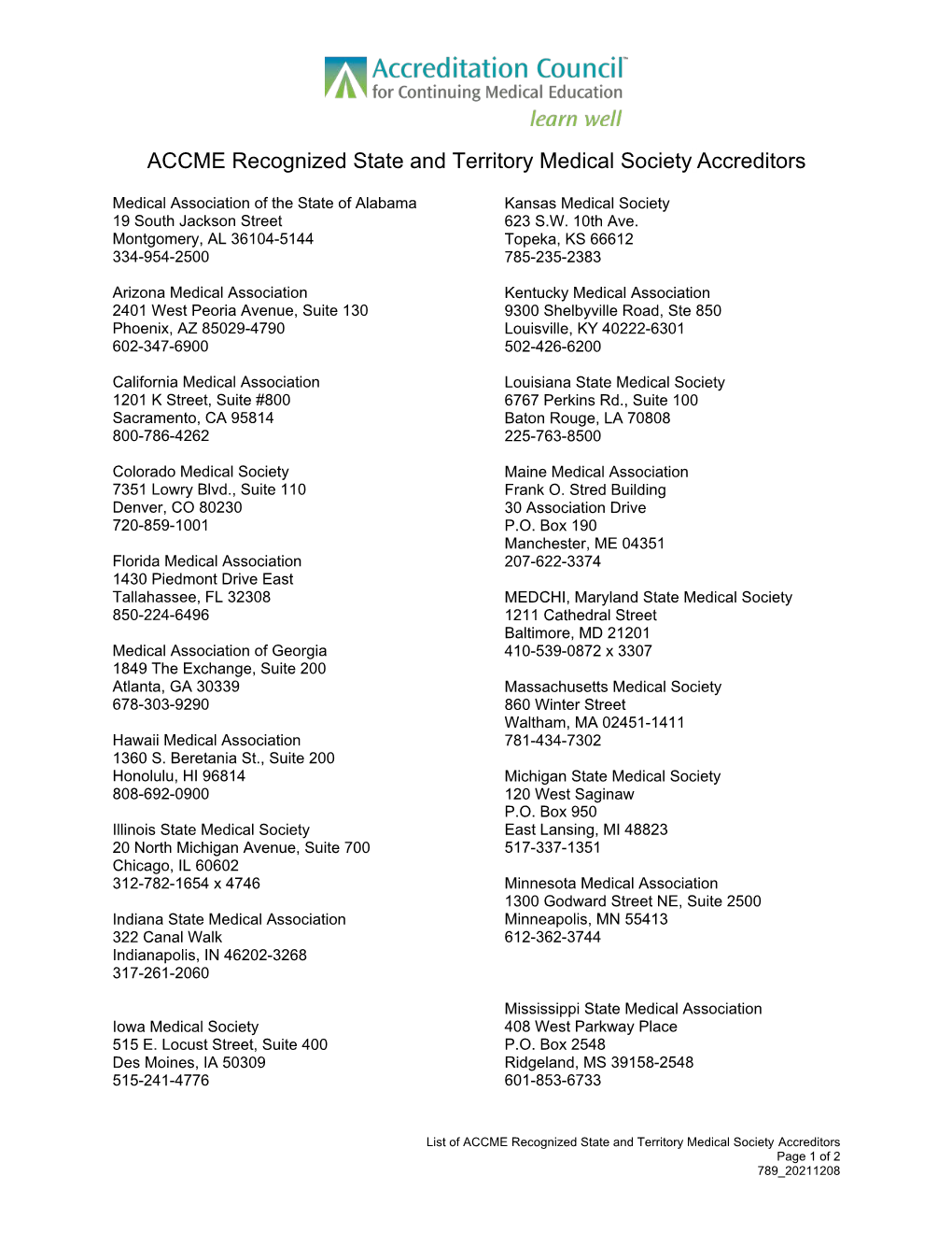 ACCME Recognized State and Territory Medical Society Accreditors