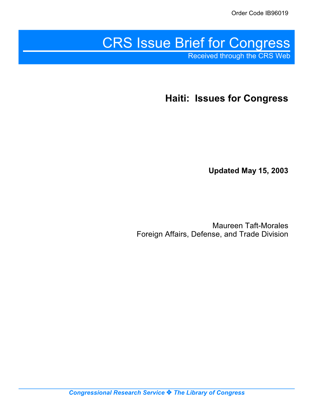 Haiti: Issues for Congress