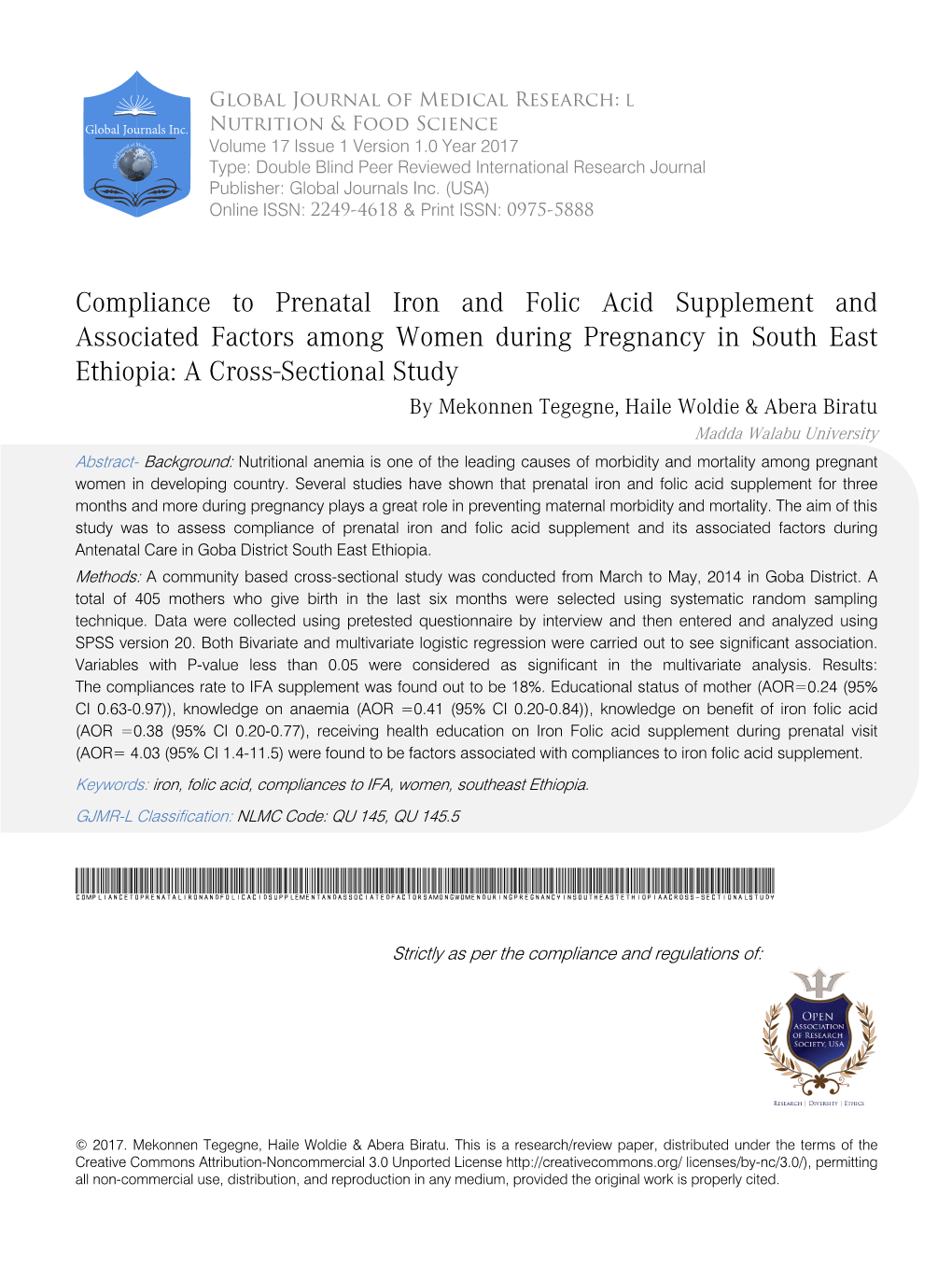 Compliance to Prenatal Iron and Folic Acid Supplement and Associated