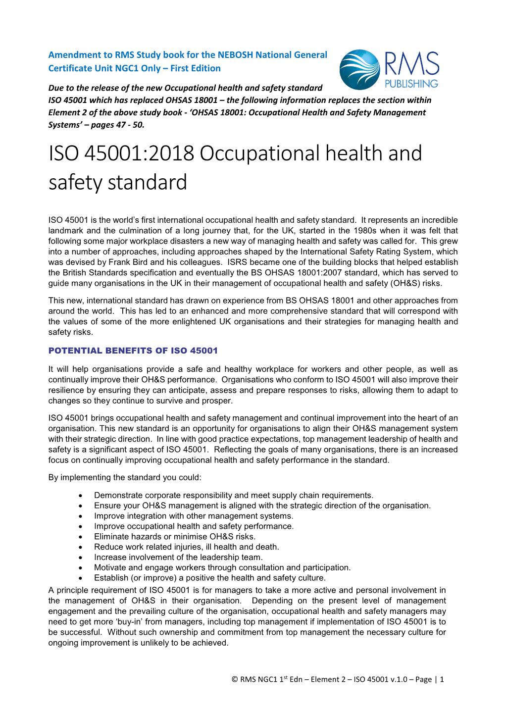 ISO 45001:2018 Occupational Health and Safety Standard