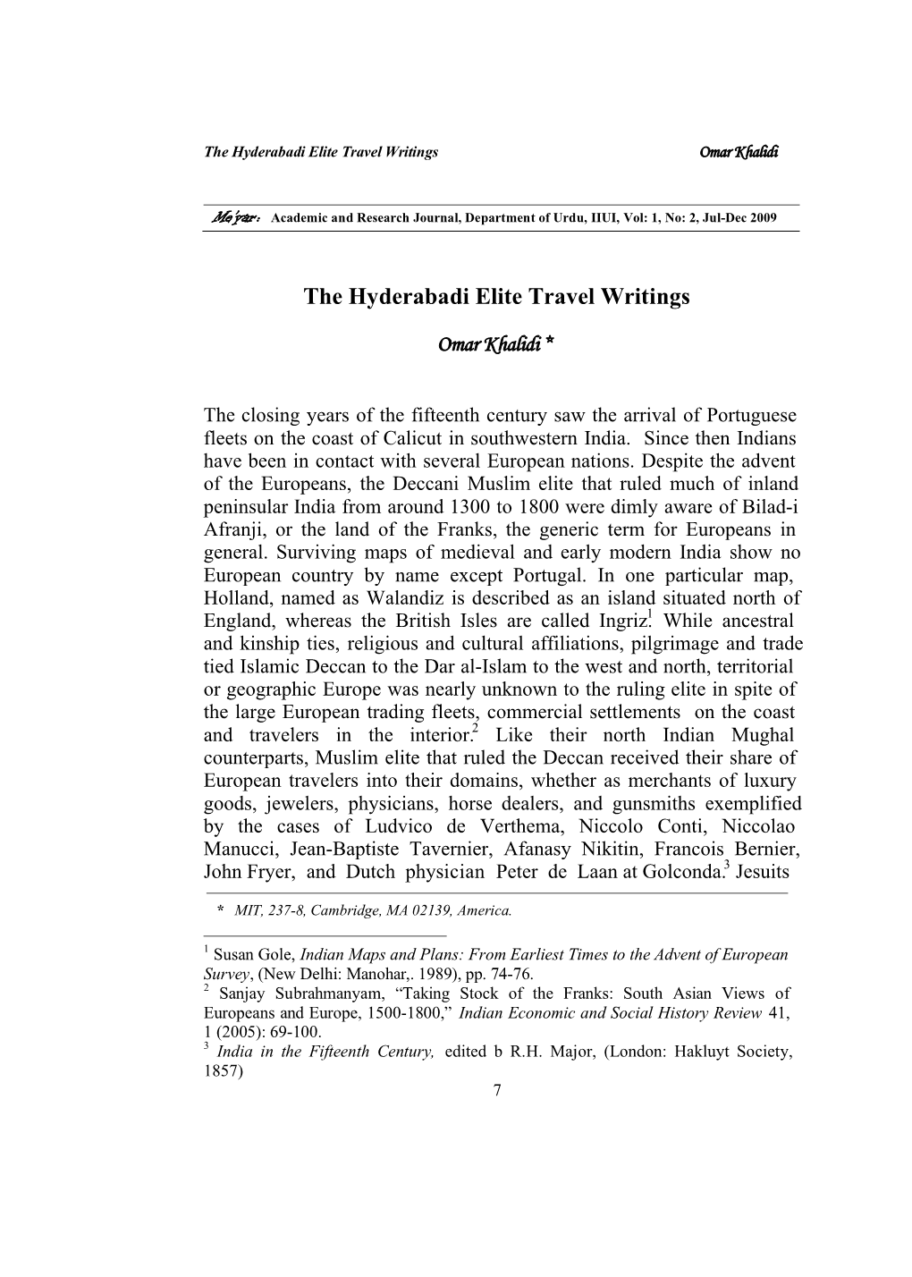 The Hyderabadi Elite Travel Writings Omar Khalidi