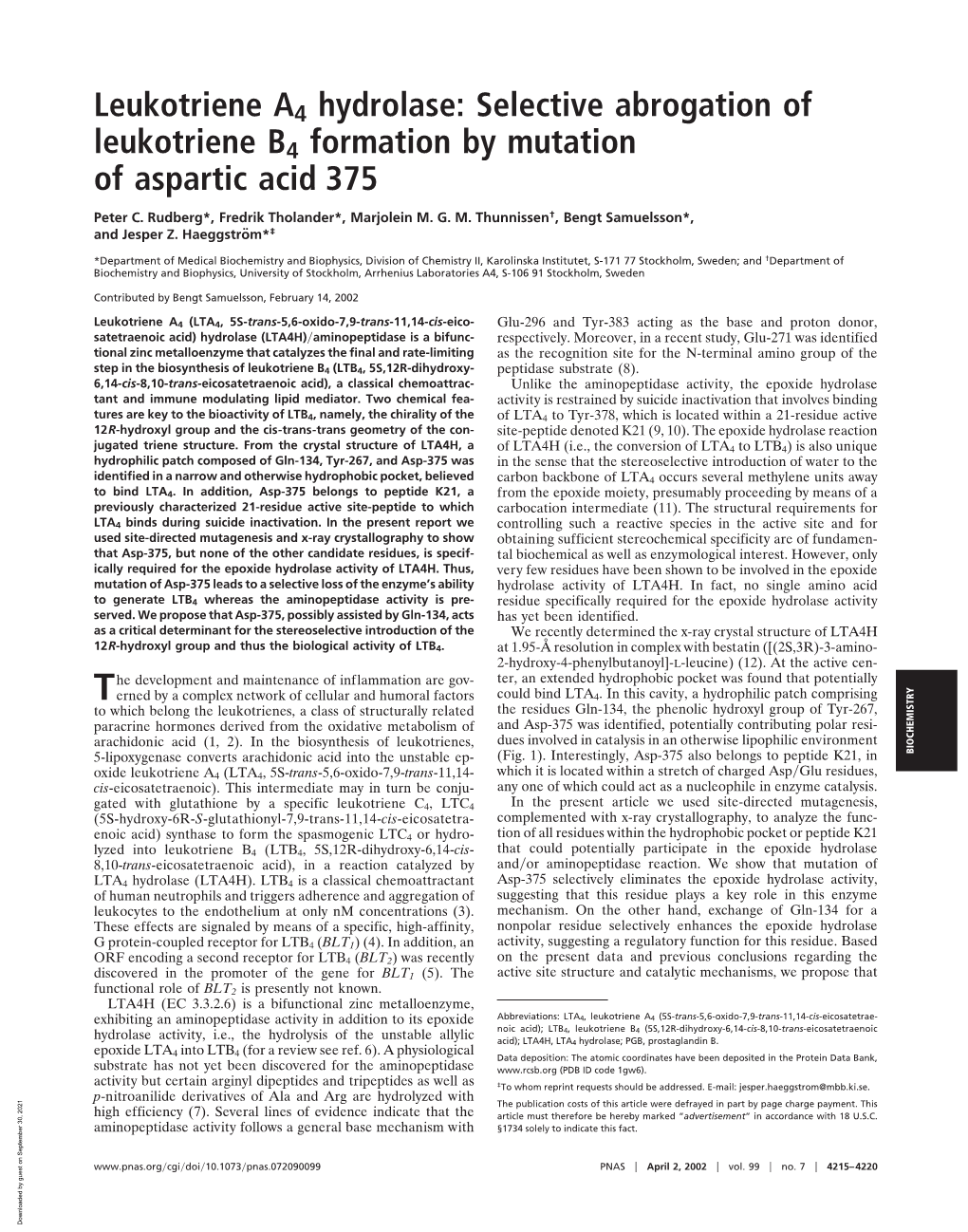 Leukotriene A4 Hydrolase: Selective Abrogation of Leukotriene B4 Formation by Mutation of Aspartic Acid 375