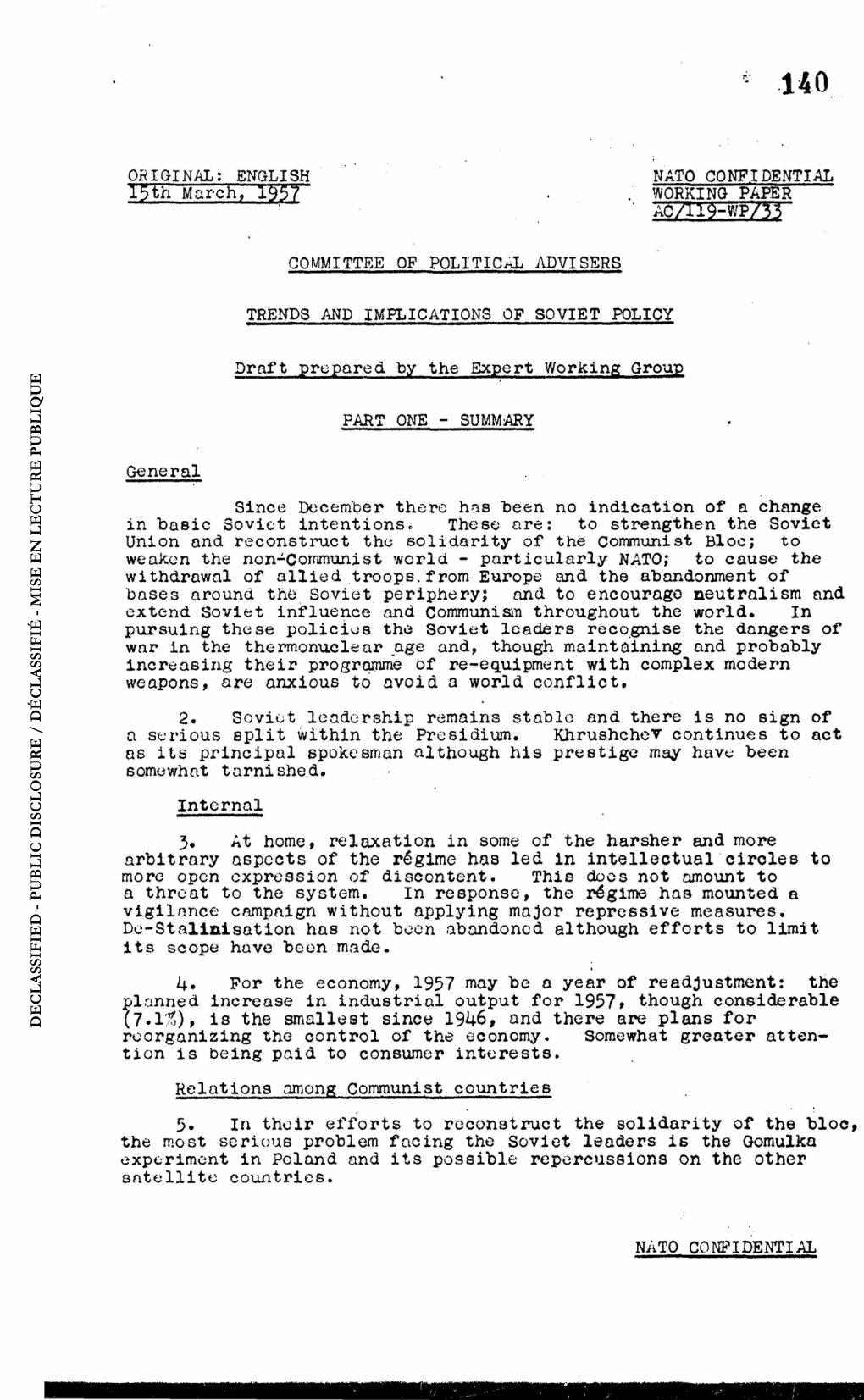 ENGLISH NATO CONFIDENTIAL 15Th March, 1957 . . WORKING PAPER ^^ • Acynj-Wpy^R