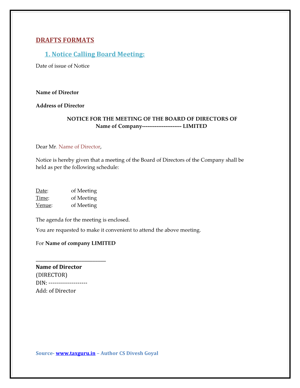 1. Notice Calling Board Meeting