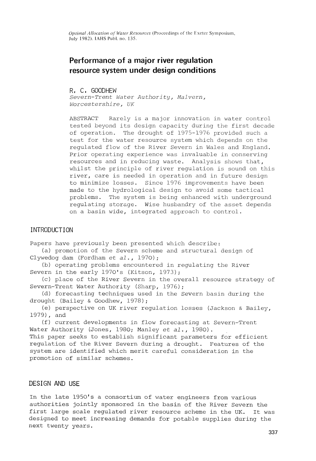 Performance of a Major River Regulation Resource System Under Design Conditions