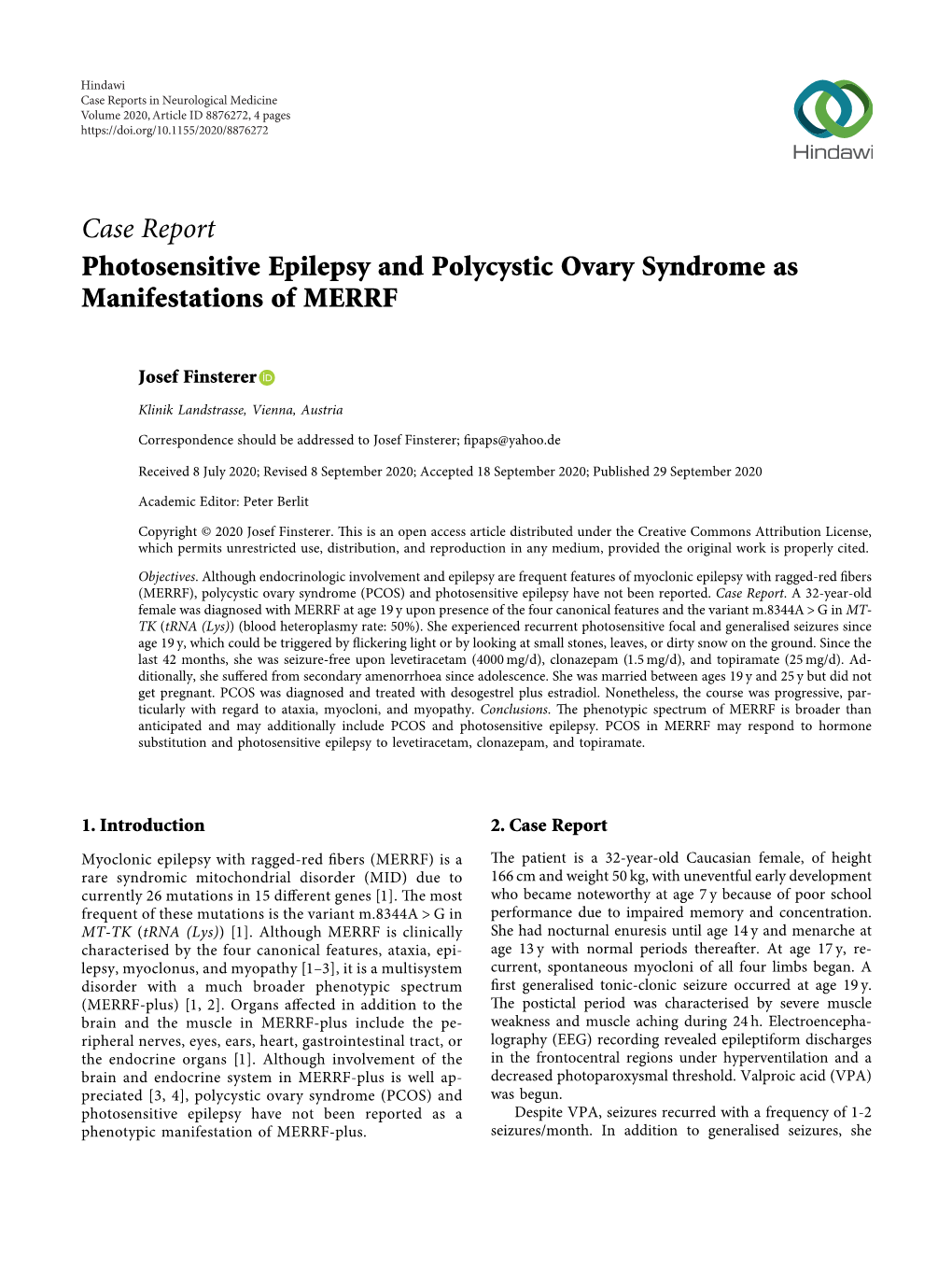 Photosensitive Epilepsy and Polycystic Ovary Syndrome As Manifestations of MERRF