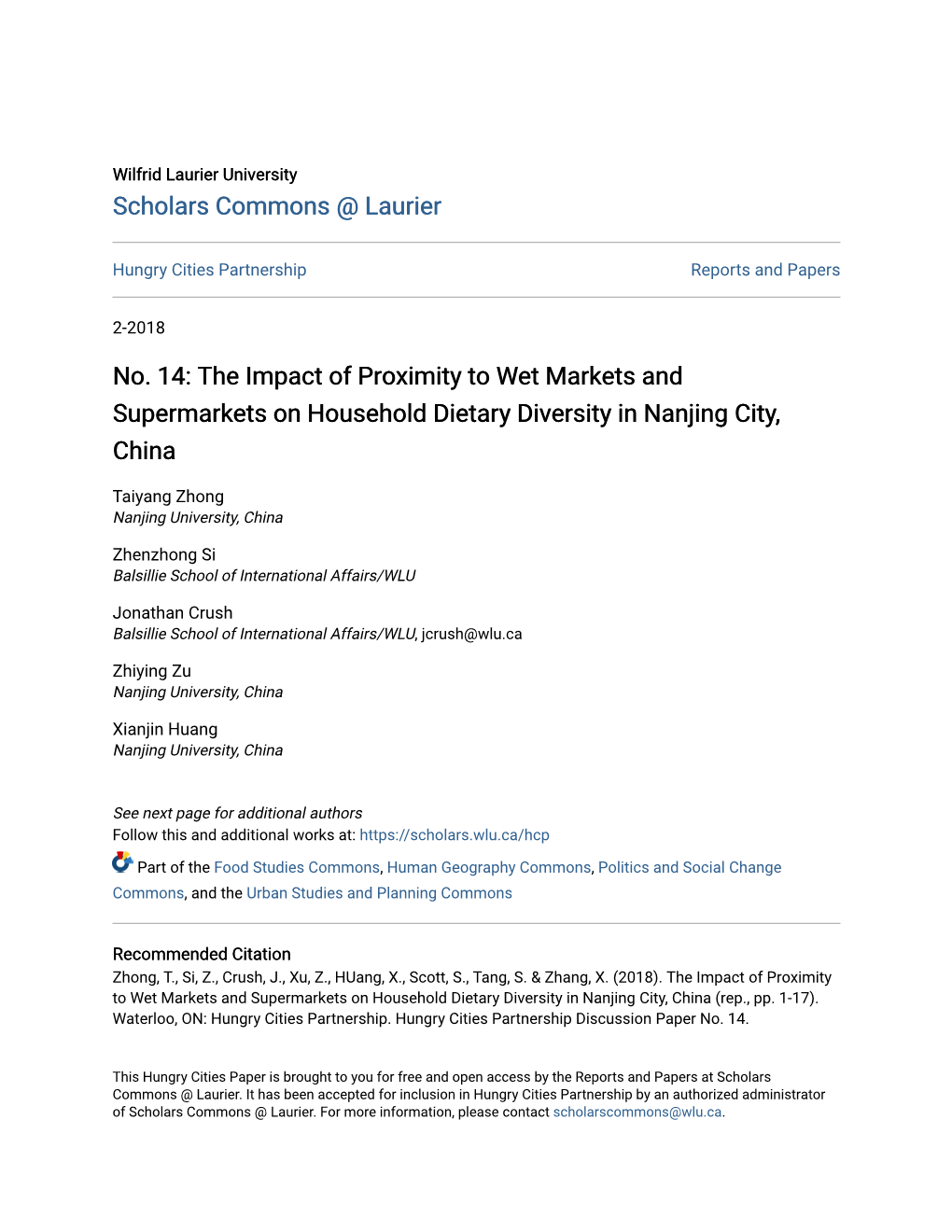 No. 14: the Impact of Proximity to Wet Markets and Supermarkets on Household Dietary Diversity in Nanjing City, China