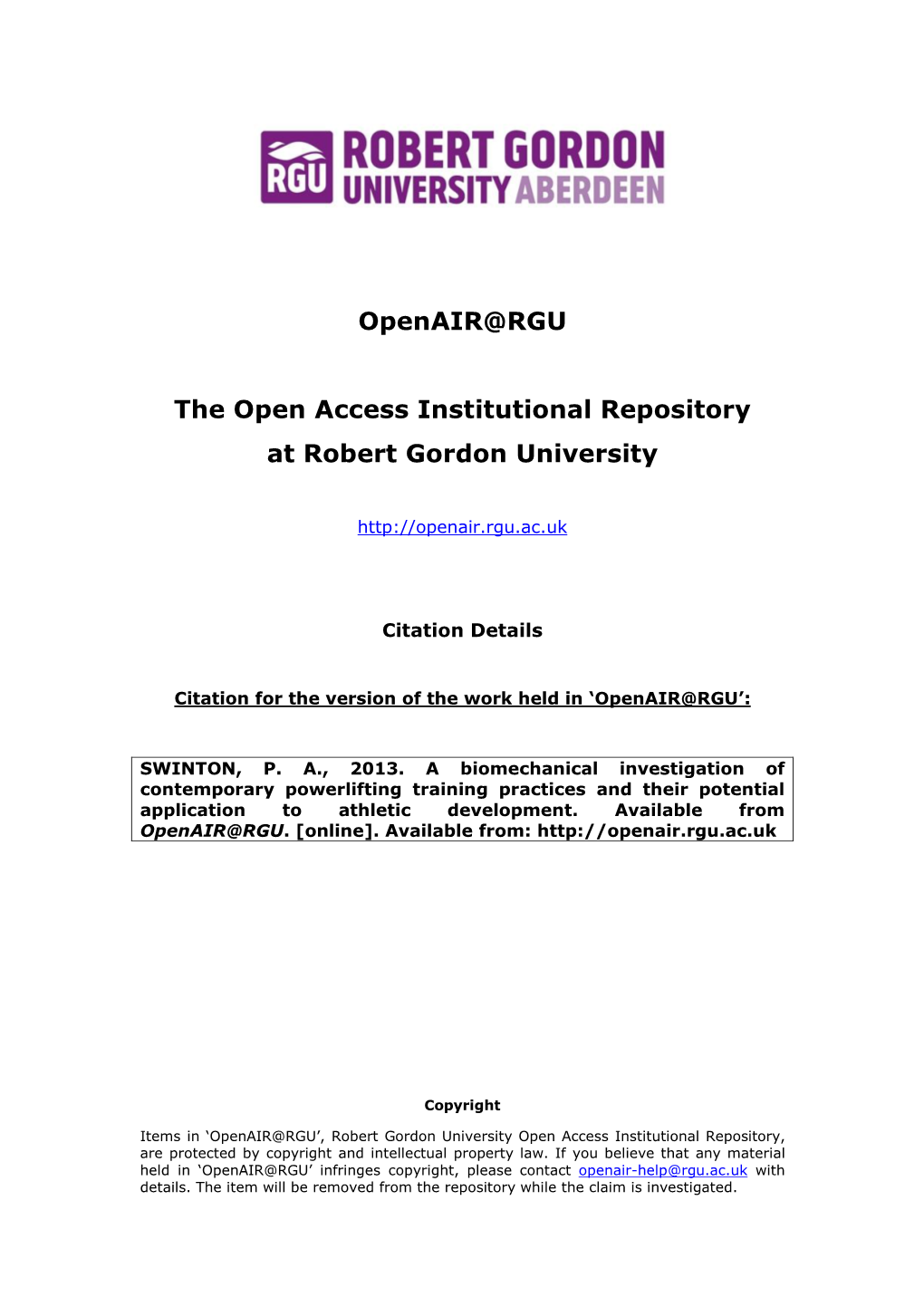 Openair@RGU the Open Access Institutional Repository at Robert