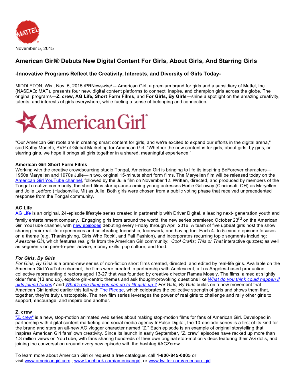 American Girl® Debuts New Digital Content for Girls, About Girls, and Starring Girls