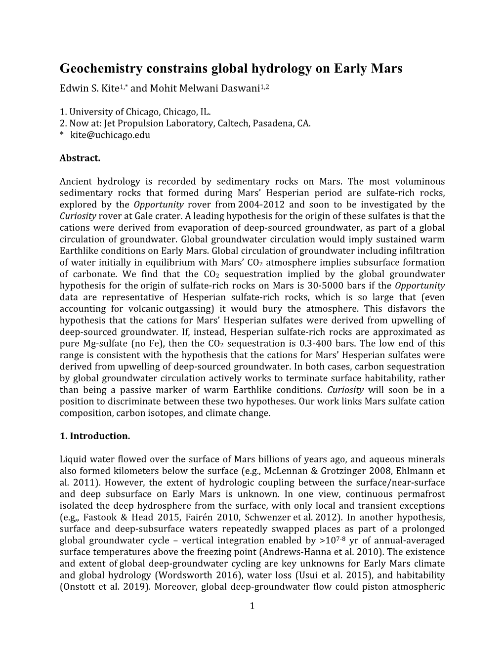 Geochemistry Constrains Global Hydrology on Early Mars