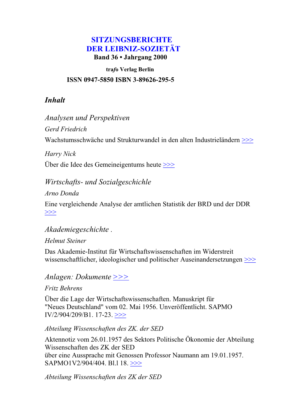 Sitzungsberichte Der Leibniz-Sozietät, Jahrgang 2000, Band 36