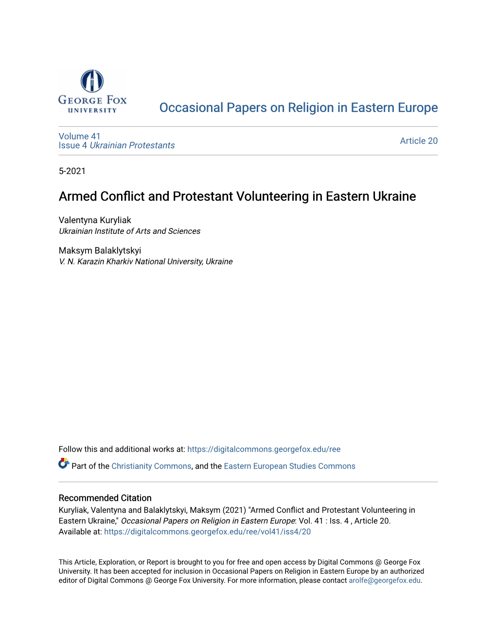 Armed Conflict and Protestant Volunteering in Eastern Ukraine