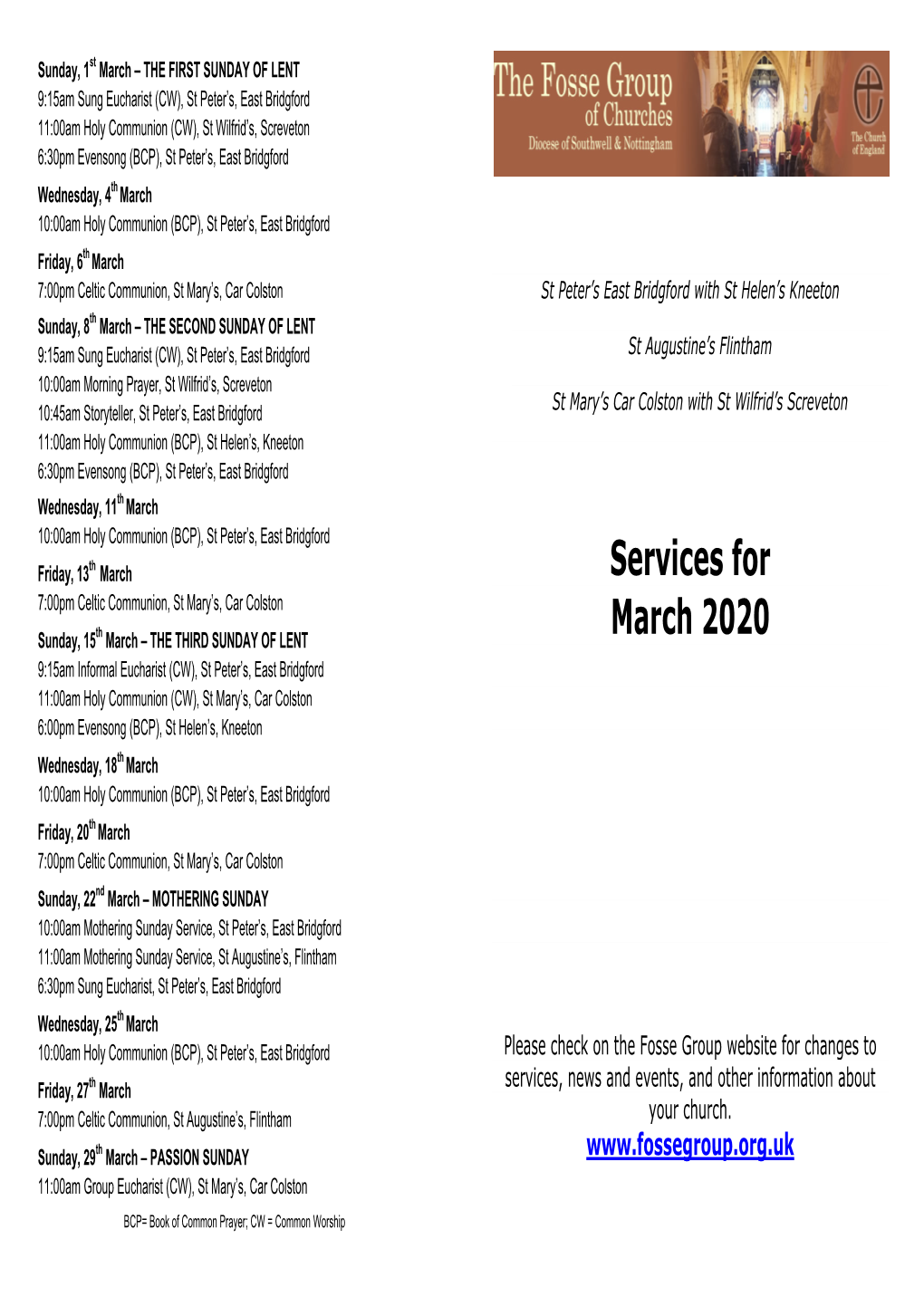 Services for March 2020