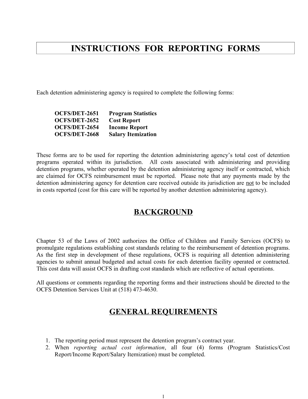 OCFS DET Detention Cost Report Instructions