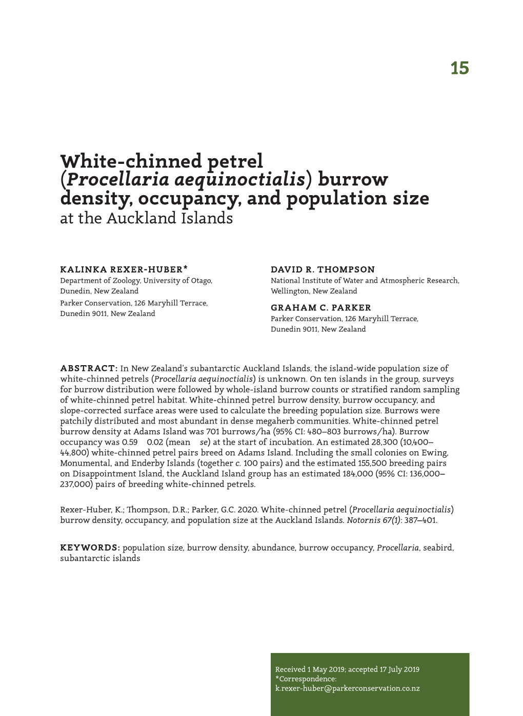 White-Chinned Petrel (Procellaria Aequinoctialis) Burrow Density, Occupancy, and Population Size at the Auckland Islands