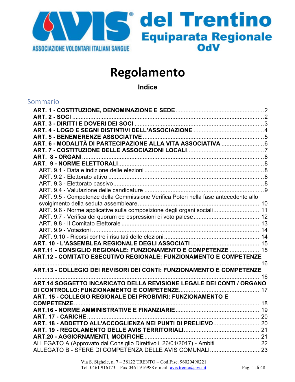 Regolamento Indice Sommario ART