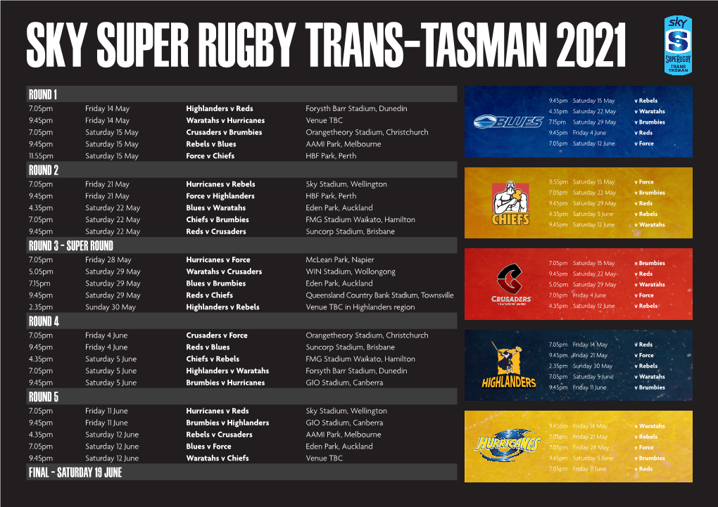 View the Schedule for Sky Super Rugby Trans-Tasman