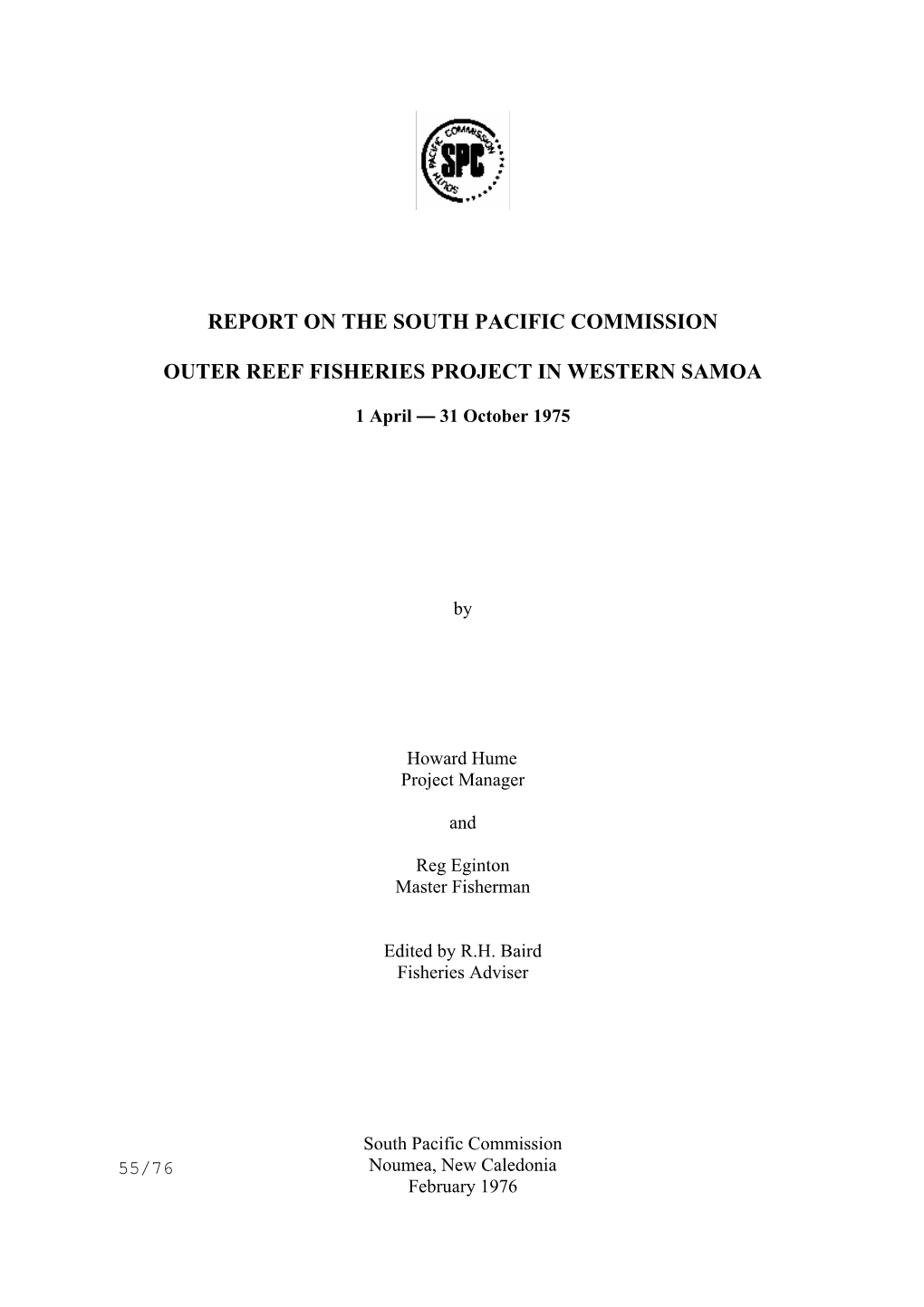 Report on the South Pacific Commission Outer Reef