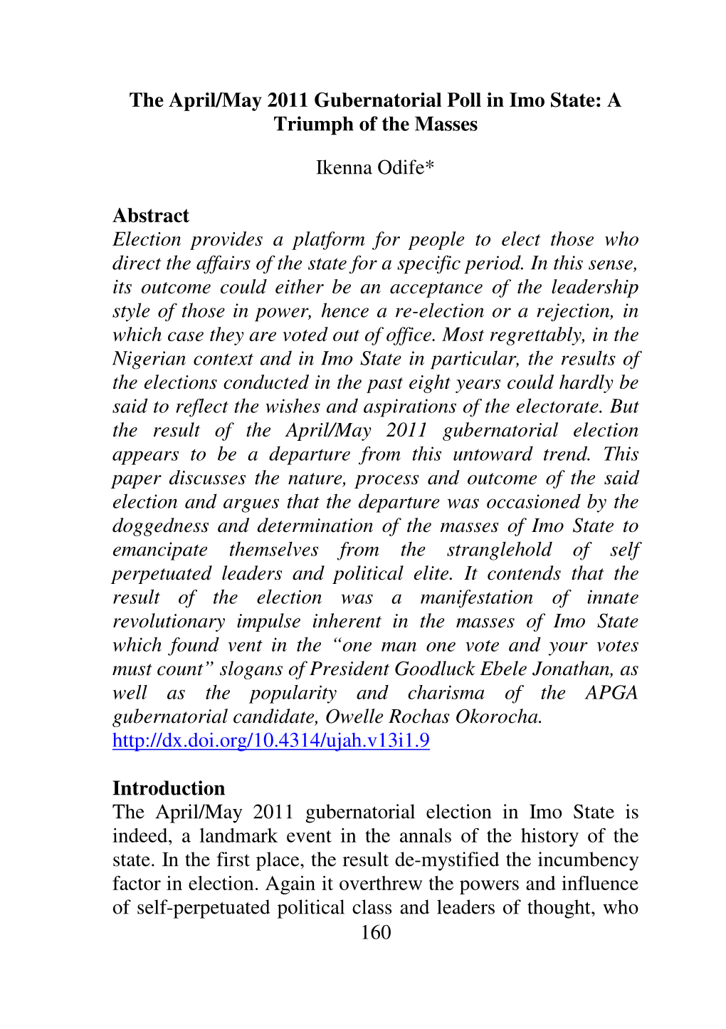 160 the April/May 2011 Gubernatorial Poll in Imo State: a Triumph