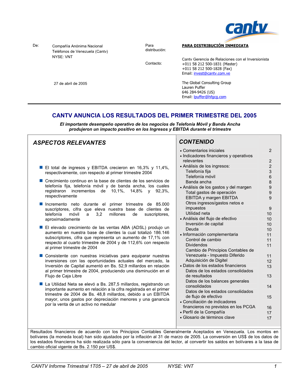 Cantv Anuncia Los Resultados Del Primer