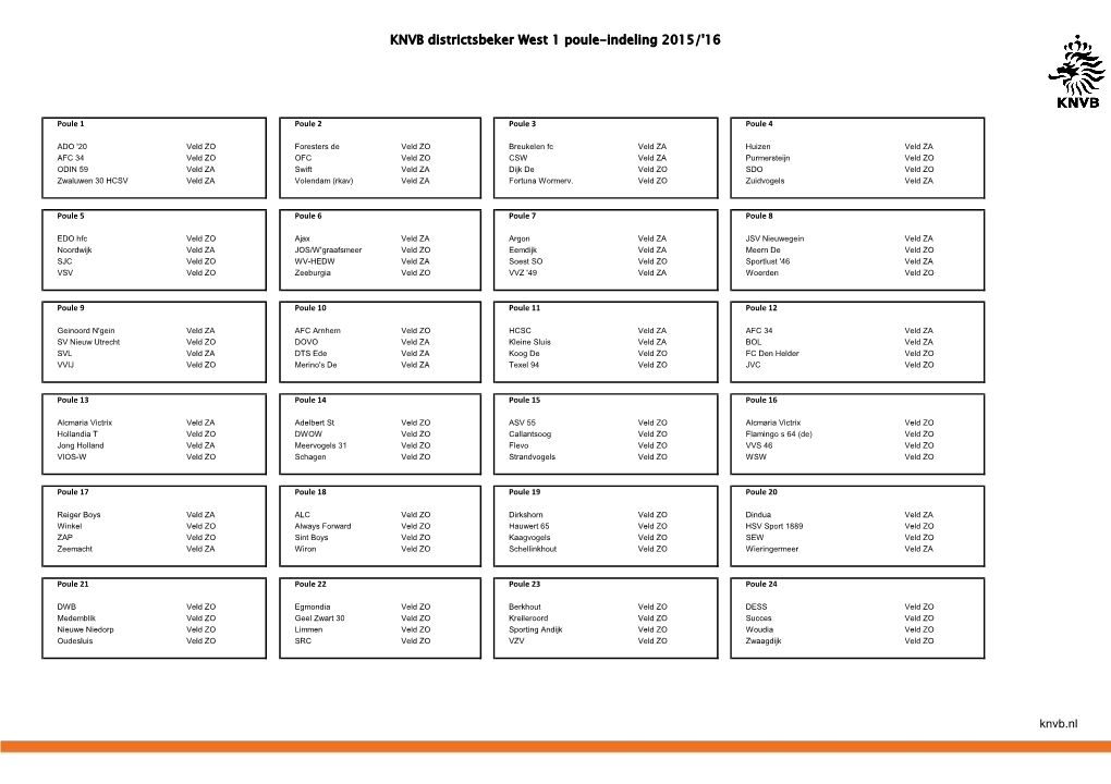 KNVB Districtsbeker West 1 Poule-Indeling 2015/'16