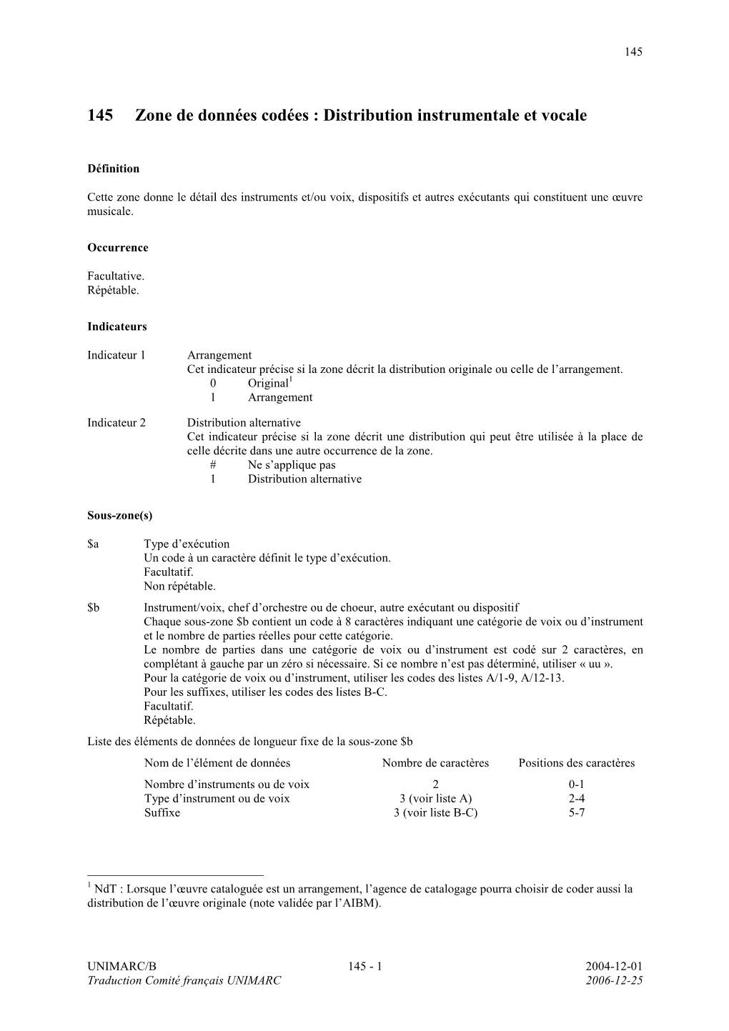 145 Zone De Données Codées : Distribution Instrumentale Et Vocale