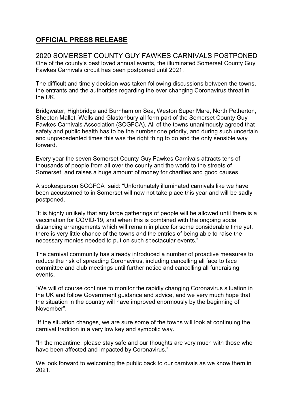 Official Press Release 2020 Somerset County Guy Fawkes Carnivals