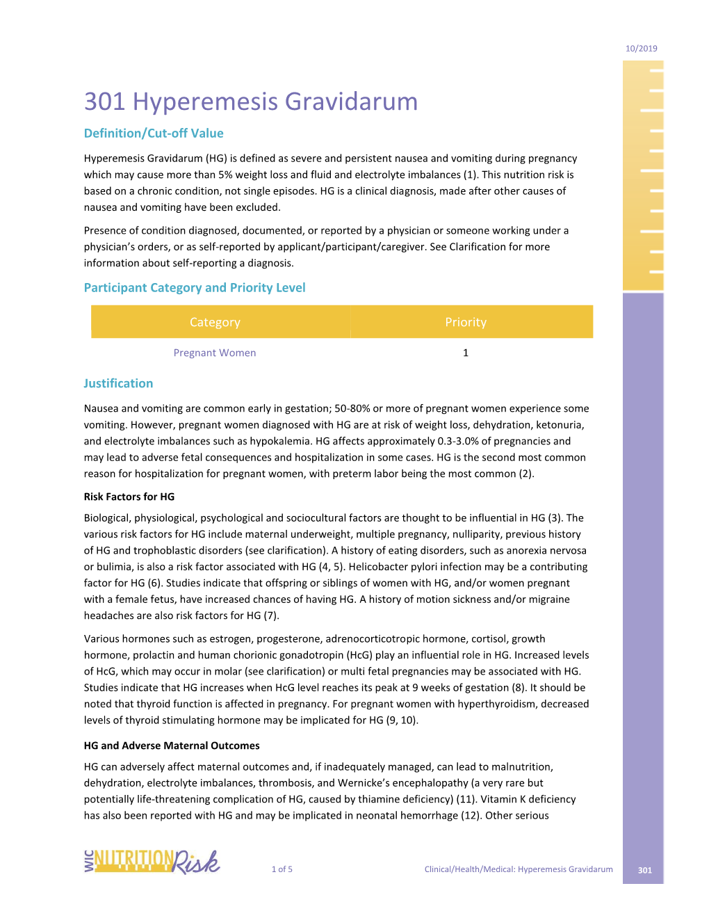 301 Hyperemesis Gravidarum Definition/Cut-Off Value