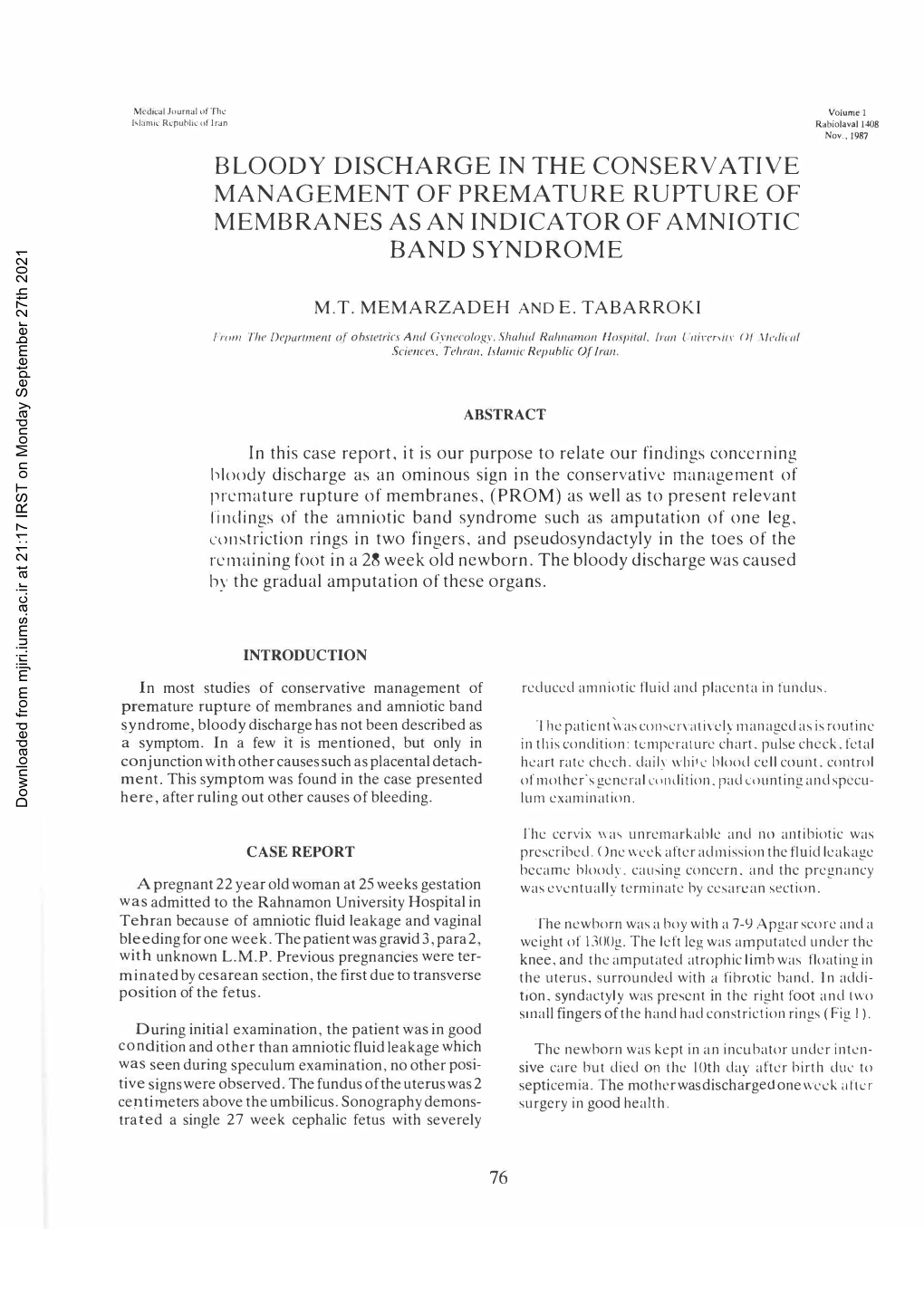 Bloody Discharge in the Conservative Management of Premature Rupture of Membranes As an Indicator of Amniotic Band Syndrome