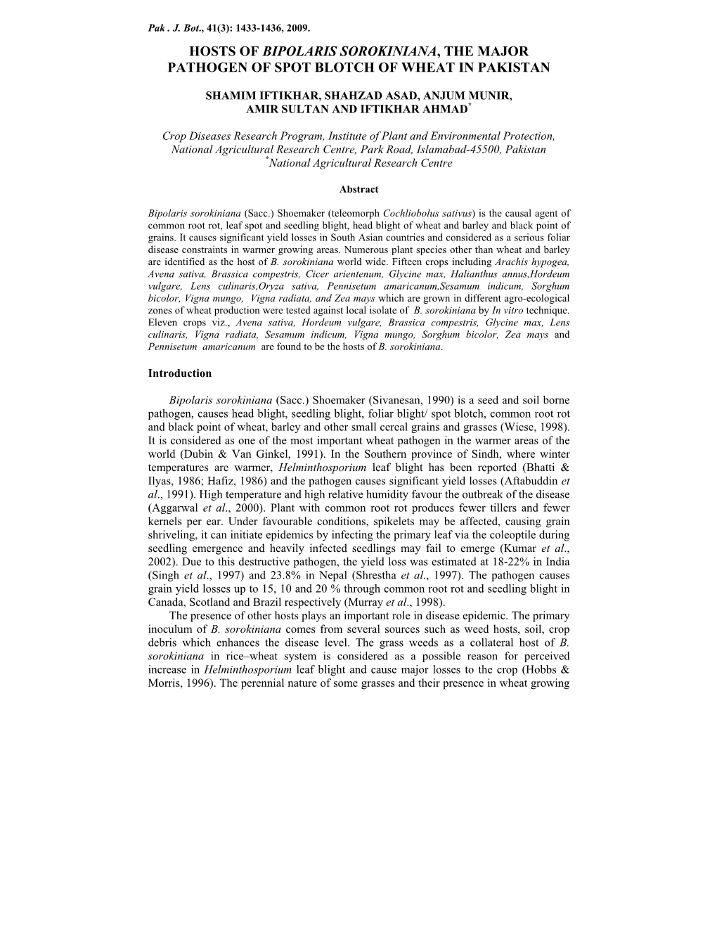 Hosts of Bipolaris Sorokiniana, the Major Pathogen of Spot Blotch of Wheat in Pakistan