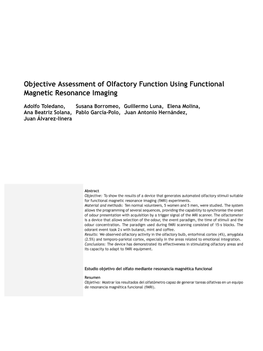 Objective Assessment of Olfactory Function Using Functional Magnetic Resonance Imaging