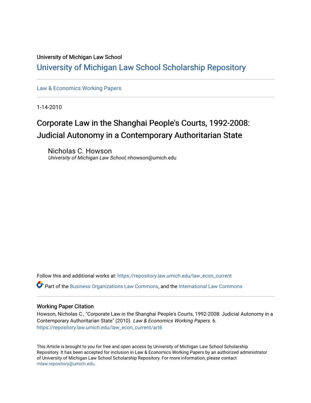 Corporate Law in the Shanghai People's Courts, 1992-2008: Judicial Autonomy in a Contemporary Authoritarian State