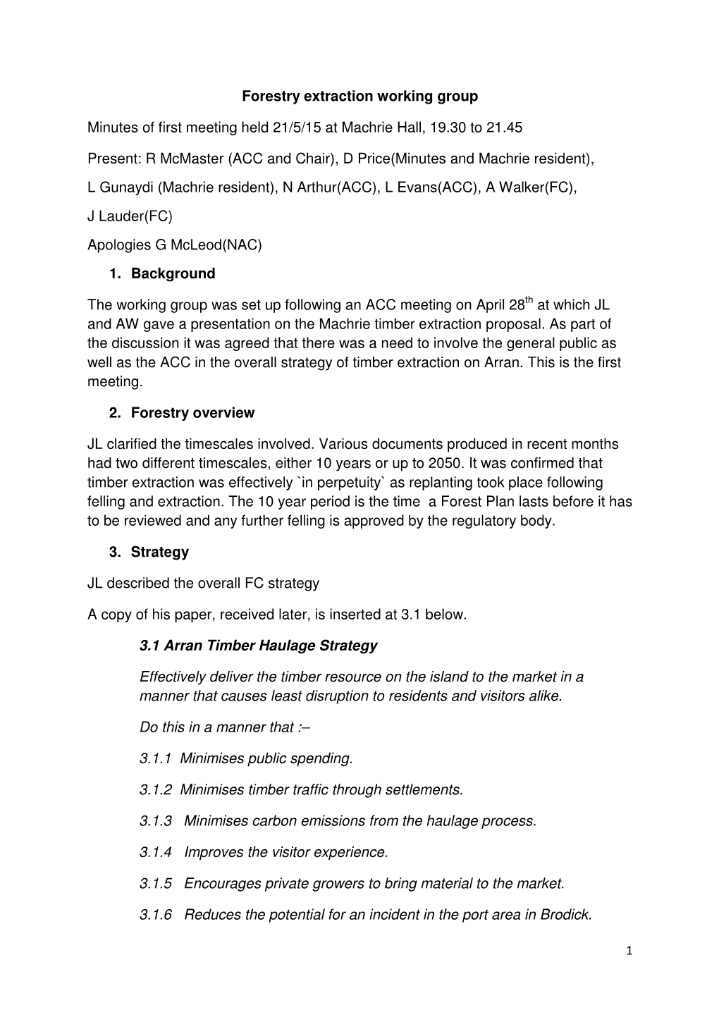 Forestry Extraction Working Group Minutes of First Meeting Held 21/5