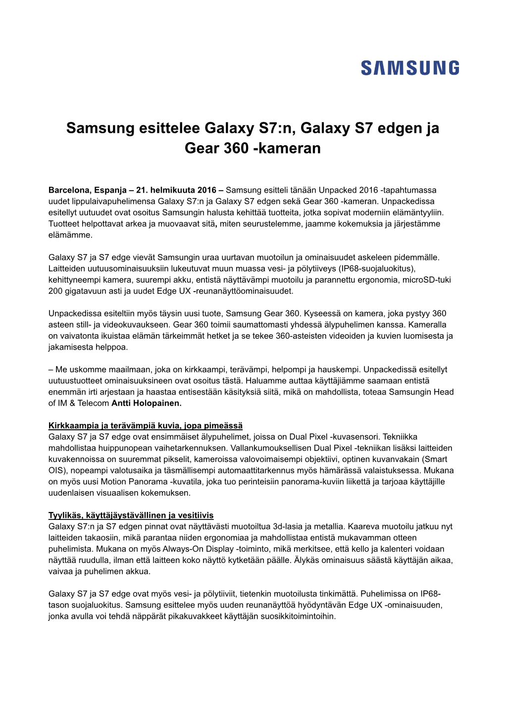 Samsung Esittelee Galaxy S7:N, Galaxy S7 Edgen Ja Gear 360 -Kameran