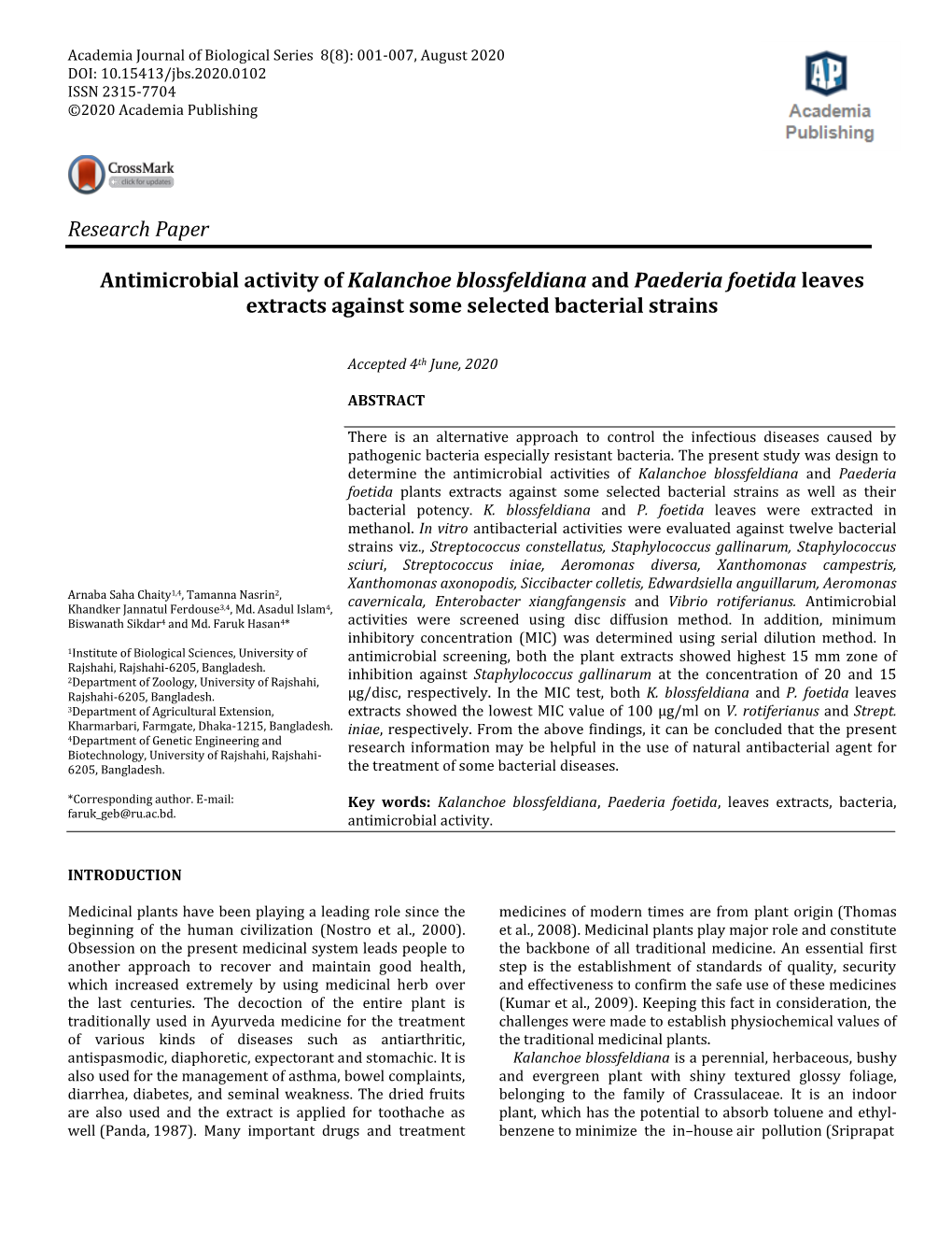 Research Paper Antimicrobial Activity of Kalanchoe Blossfeldiana And