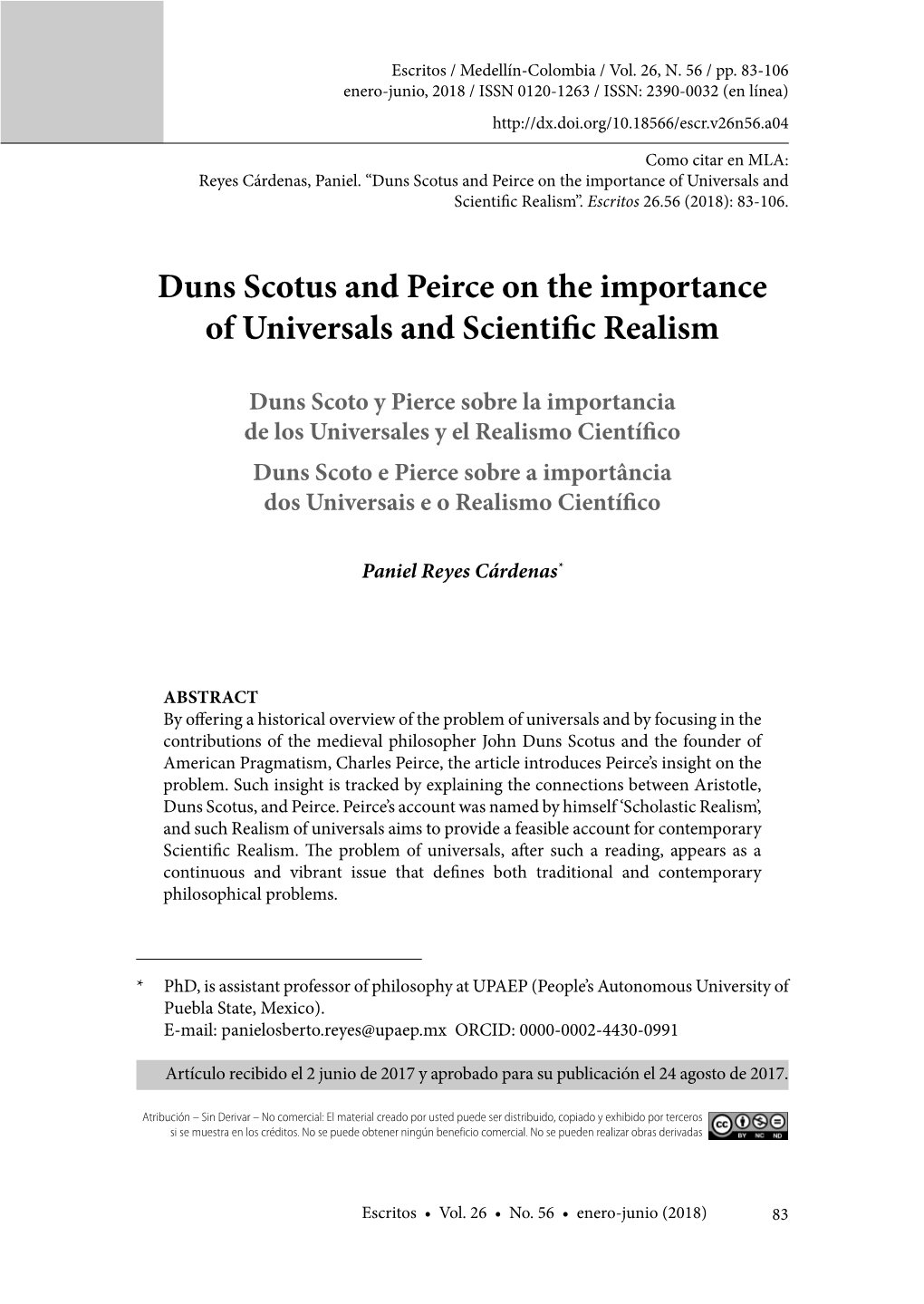 Duns Scotus and Peirce on the Importance of Universals and Scientific Realism”