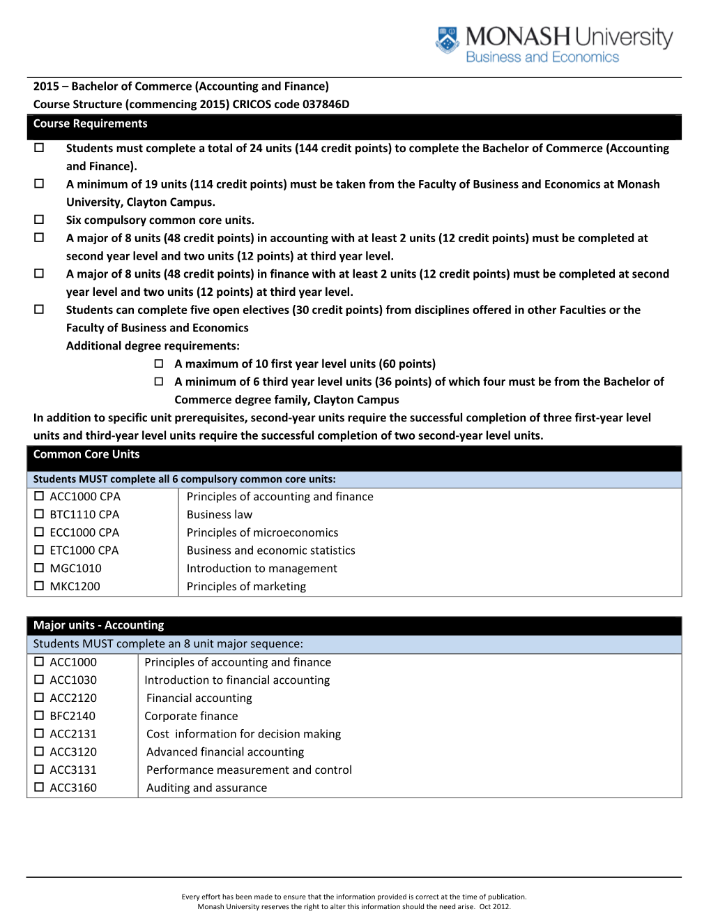 Bachelor of Commerce (Accounting and Finance) Course Structure