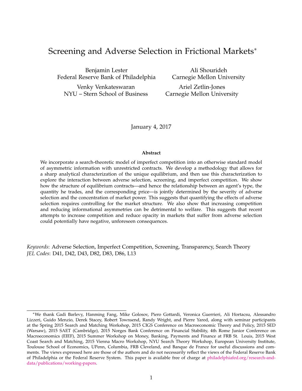 Screening and Adverse Selection in Frictional Markets∗