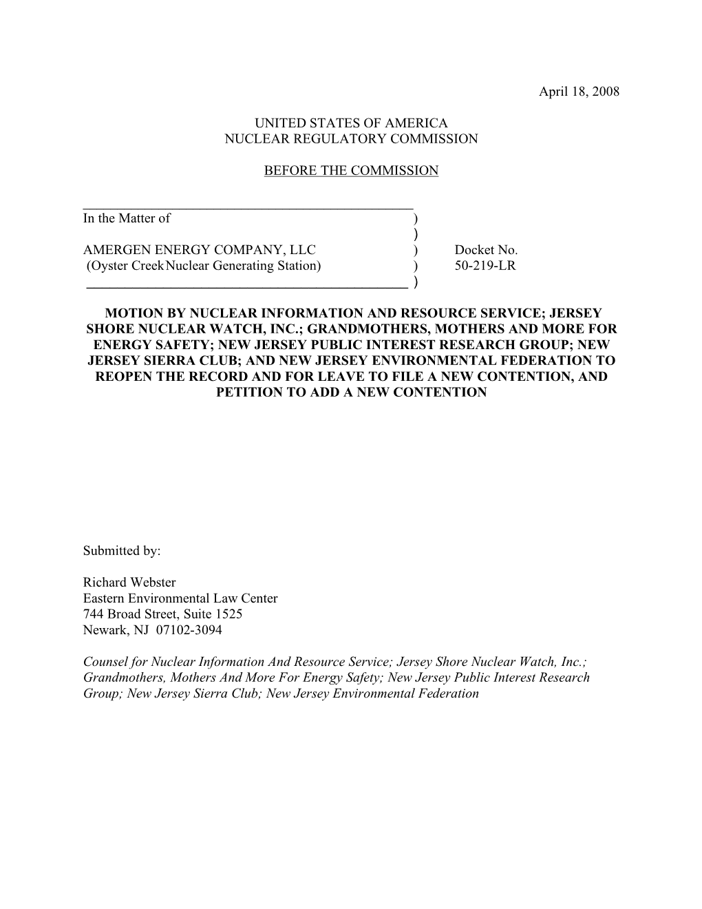 20080418 Oyster Creek Motion for New Contentions Re Fatigue