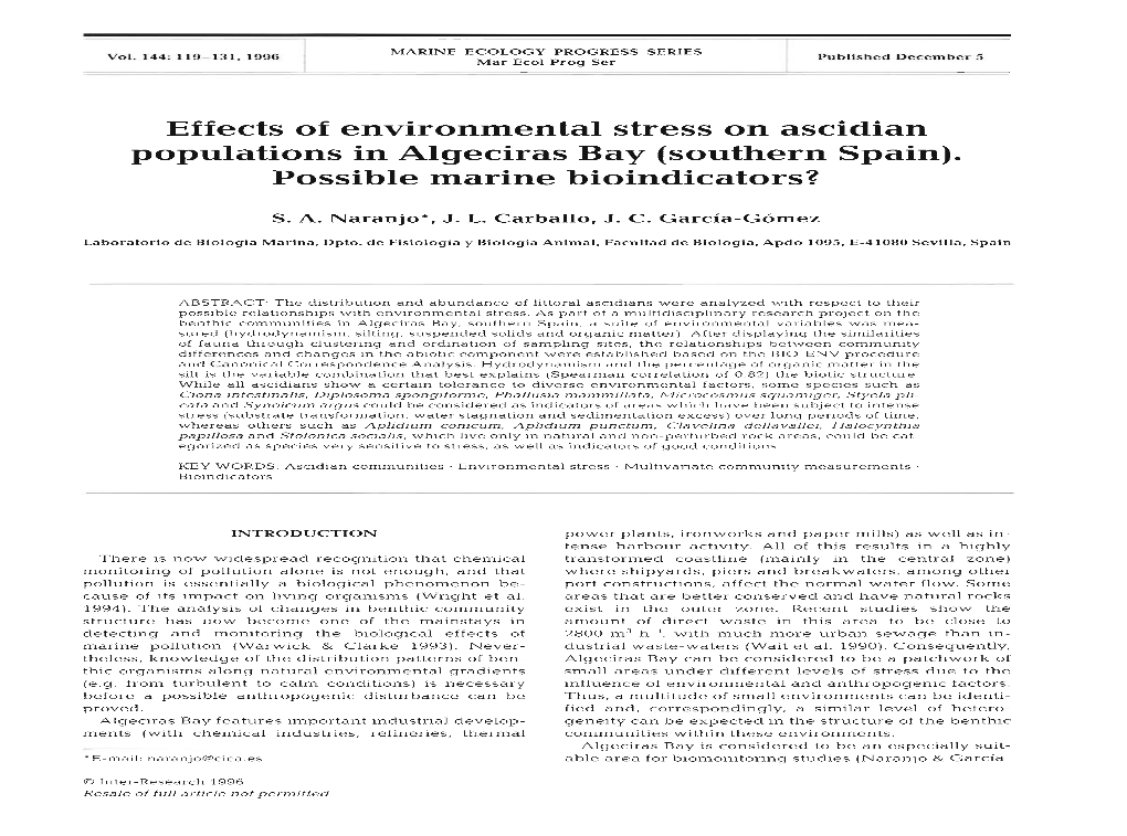 Effects of Environmental Stress on Ascidian Populations in Algeciras Bay (Southern Spain)