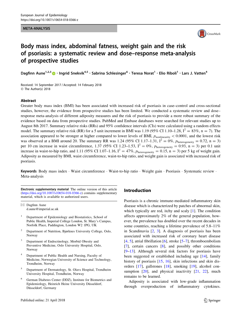 Body Mass Index, Abdominal Fatness, Weight Gain and the Risk of Psoriasis: a Systematic Review and Dose–Response Meta-Analysis of Prospective Studies