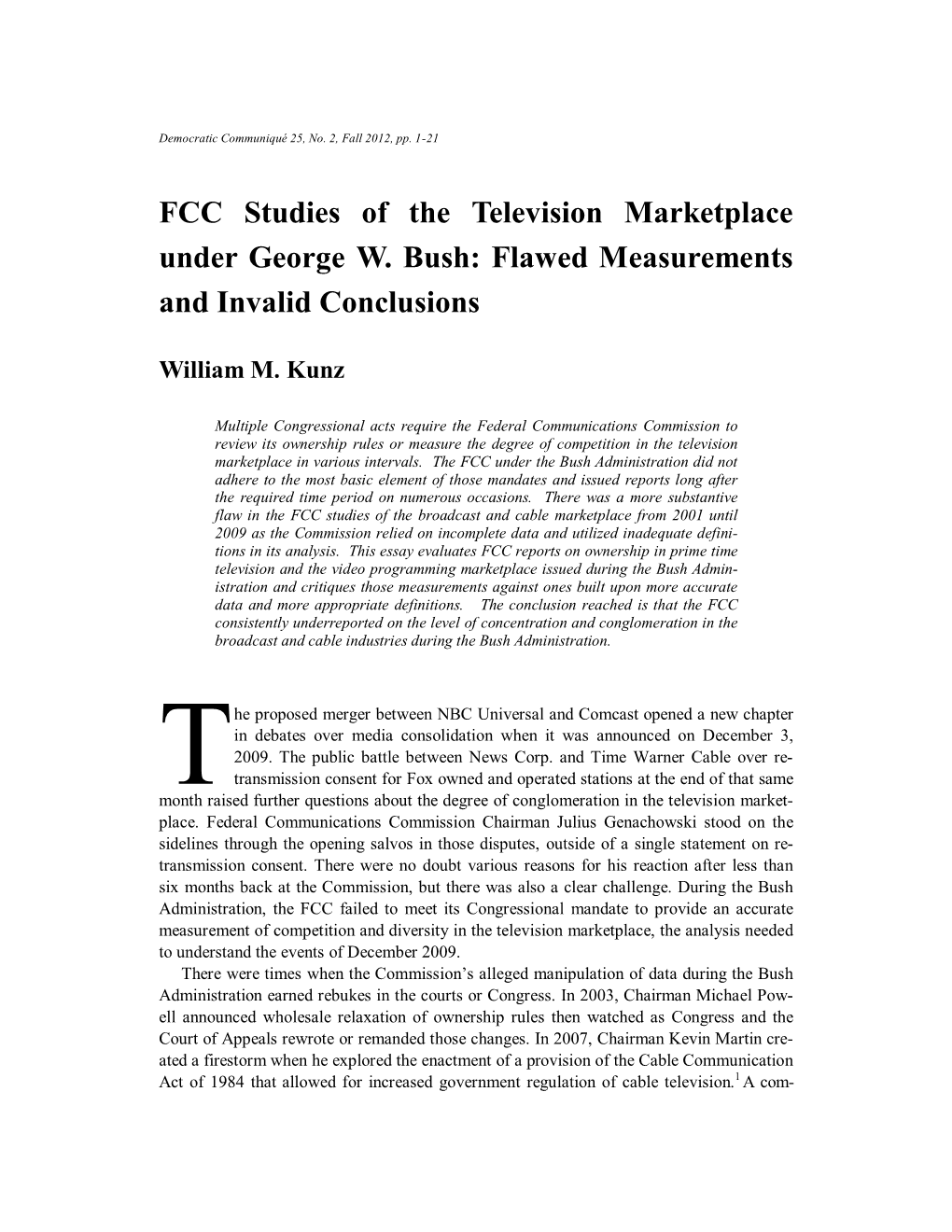 FCC Studies of the Television Marketplace Under George W. Bush: Flawed Measurements and Invalid Conclusions