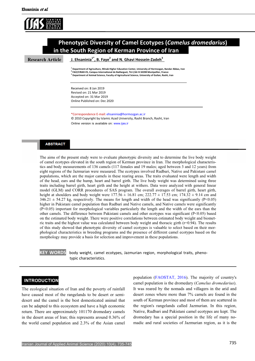 Camelus Dromedarius) in the South Region of Kerman Province of Iran 1* 2 3 Research Article J