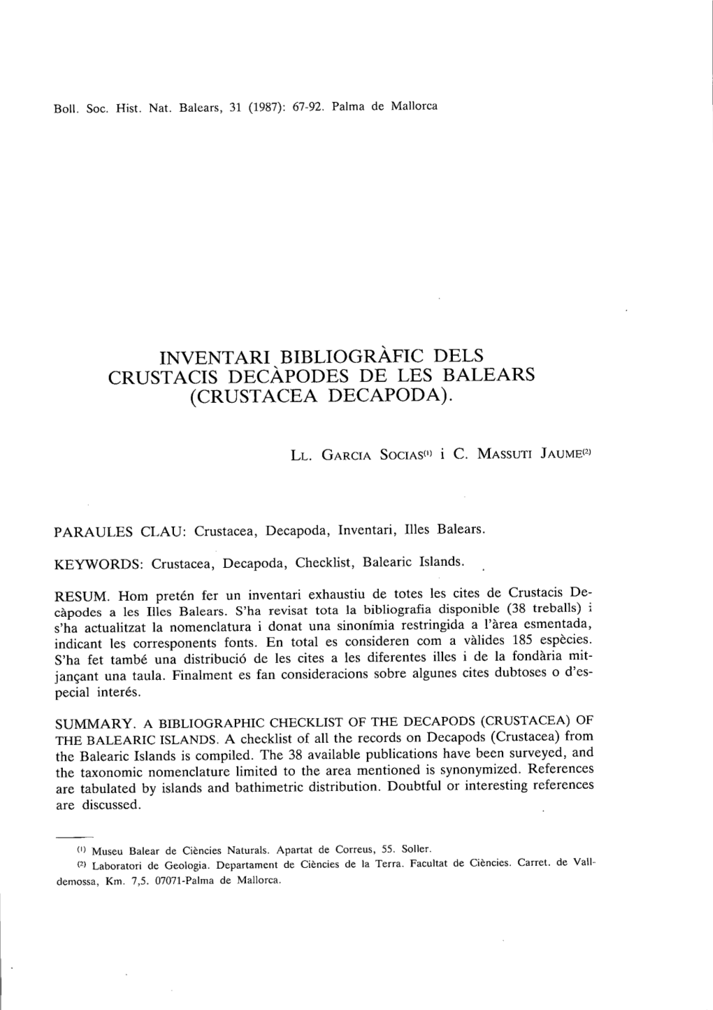 Inventari Bibliográfic Dels Crustacis Decápodes De Les Balears (Crustacea Decapoda)