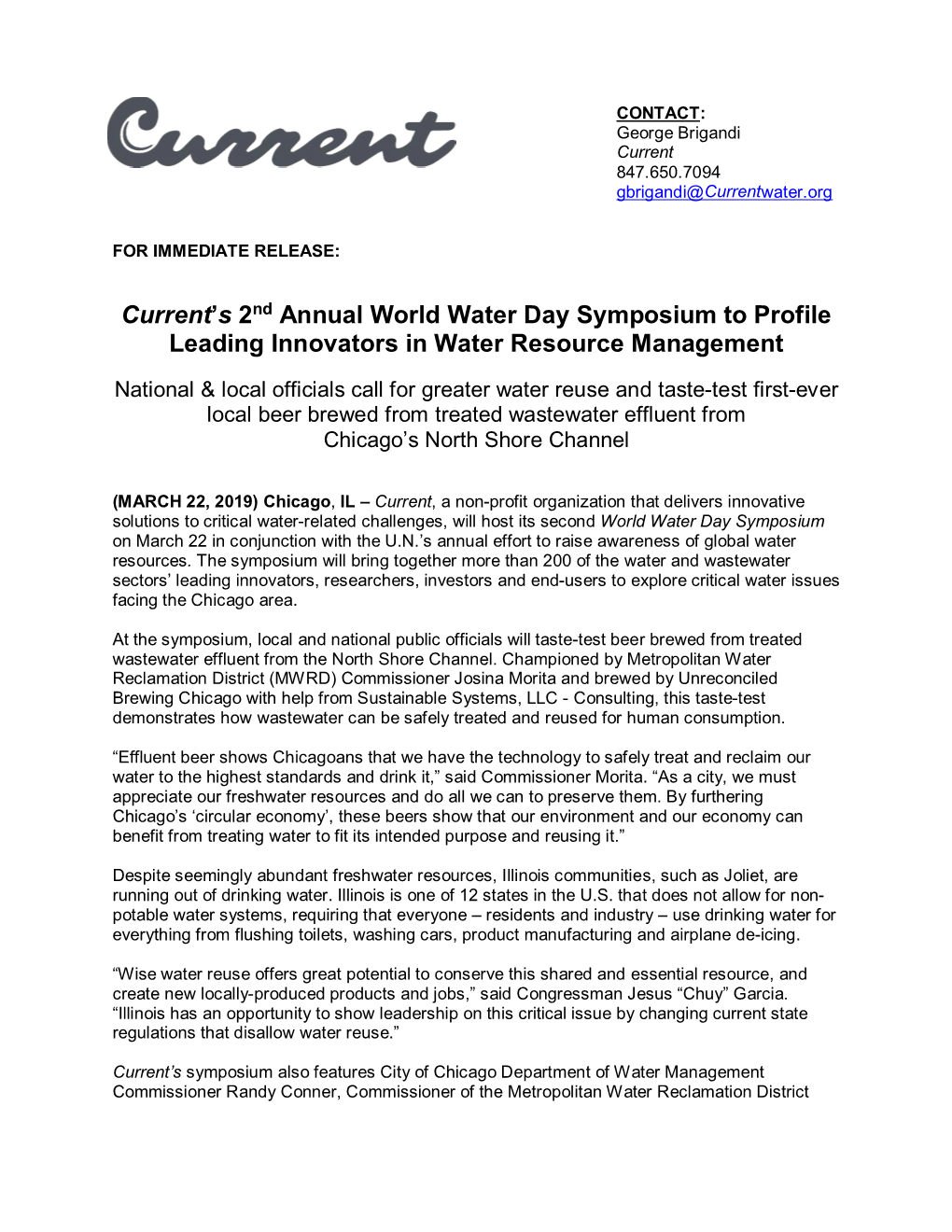Current's 2Nd Annual World Water Day Symposium to Profile Leading Innovators in Water Resource Management