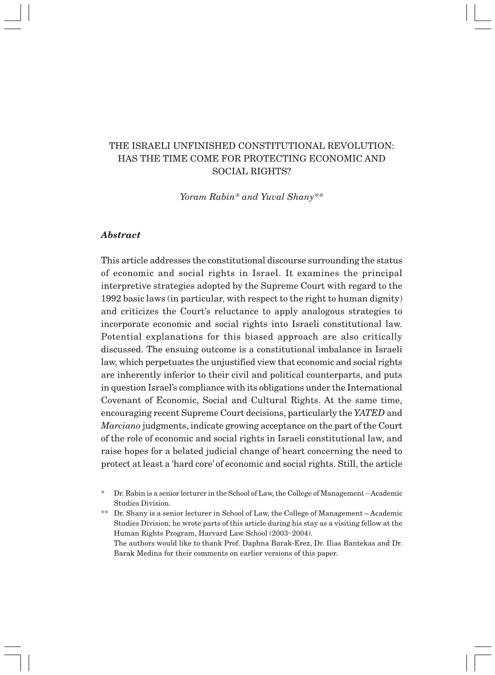 The Israeli Unfinished Constitutional Revolution: Has the Time Come for Protecting Economic and Social Rights?