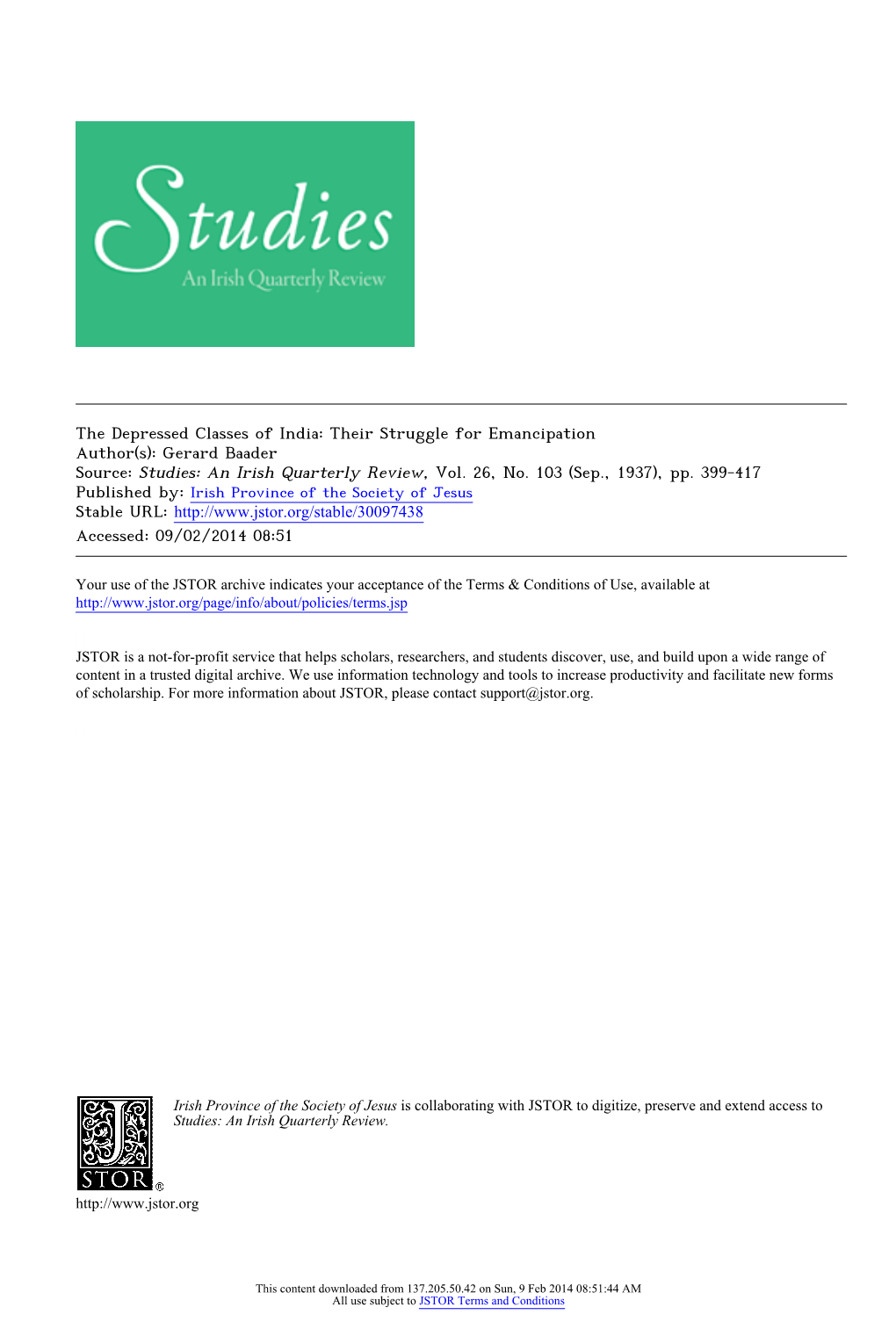 The Depressed Classes of India: Their Struggle for Emancipation Author(S): Gerard Baader Source: Studies: an Irish Quarterly Review, Vol