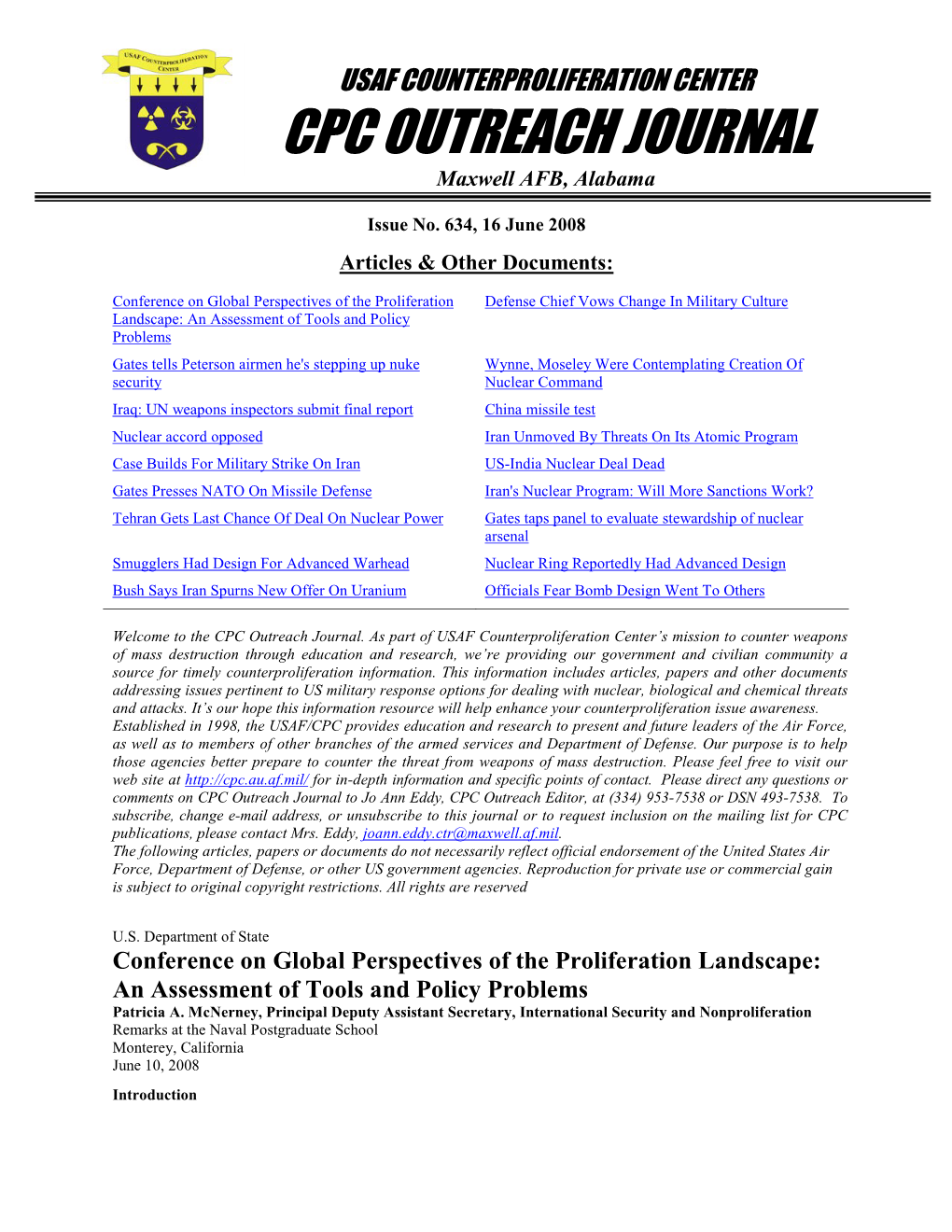 USAF Counterproliferation Center CPC Outreach Journal #634